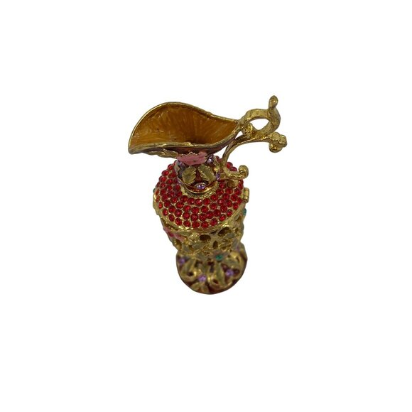 Vintage Gold Tone Miniature Pitcher Trinket Box Rhinestones Enamel Floral - Picture 2 of 6